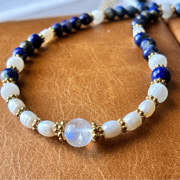 Gold Necklace Ruby Lapis Lazuli Pearl Moonstone Handmade Crystal Necklace Silver - Picture 4 of 11